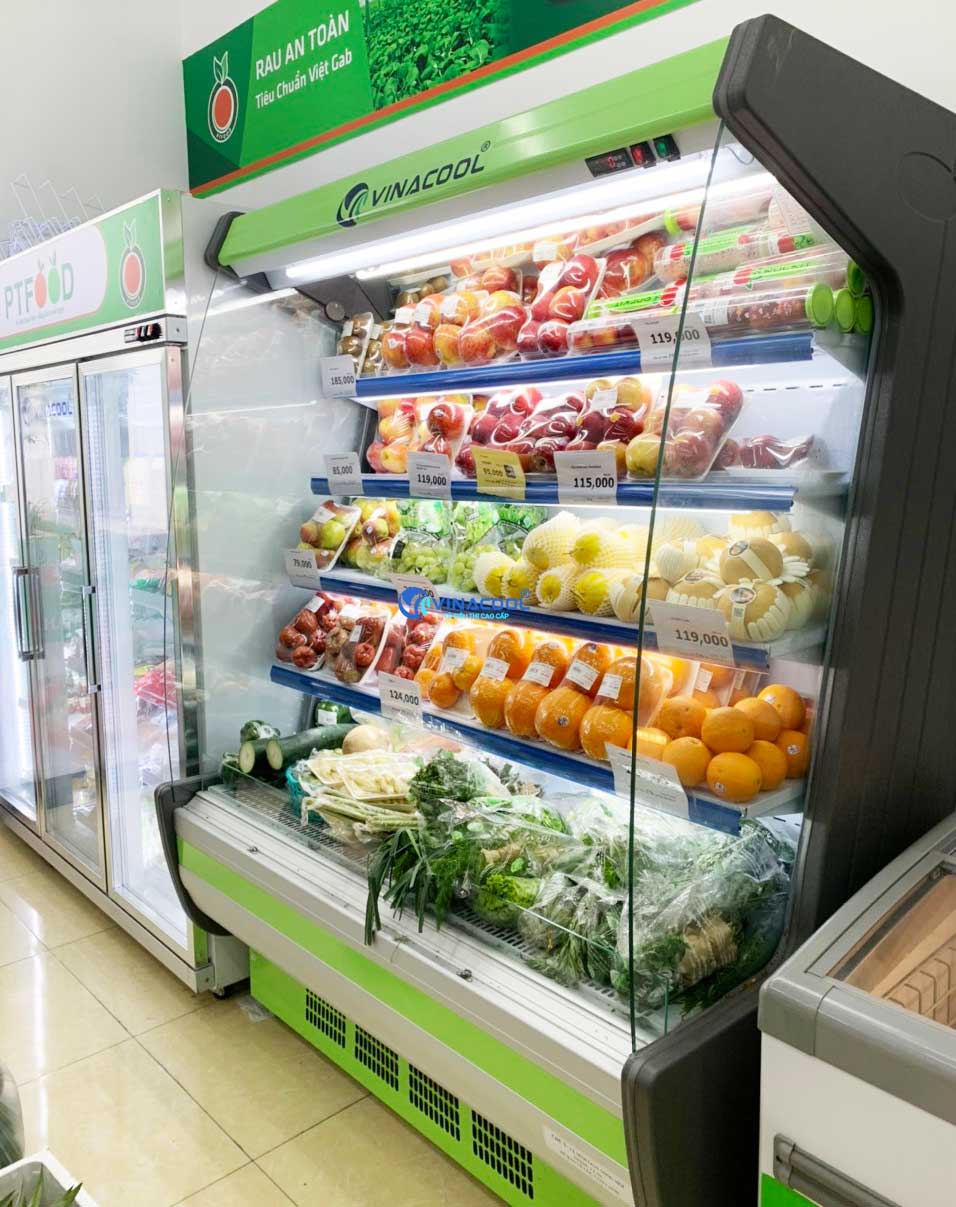 tủ mát không cửa cong xanh dài 1m5